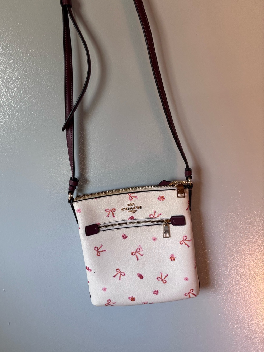 Coach White Crossbody with Pink Bow & Burgundy Strap